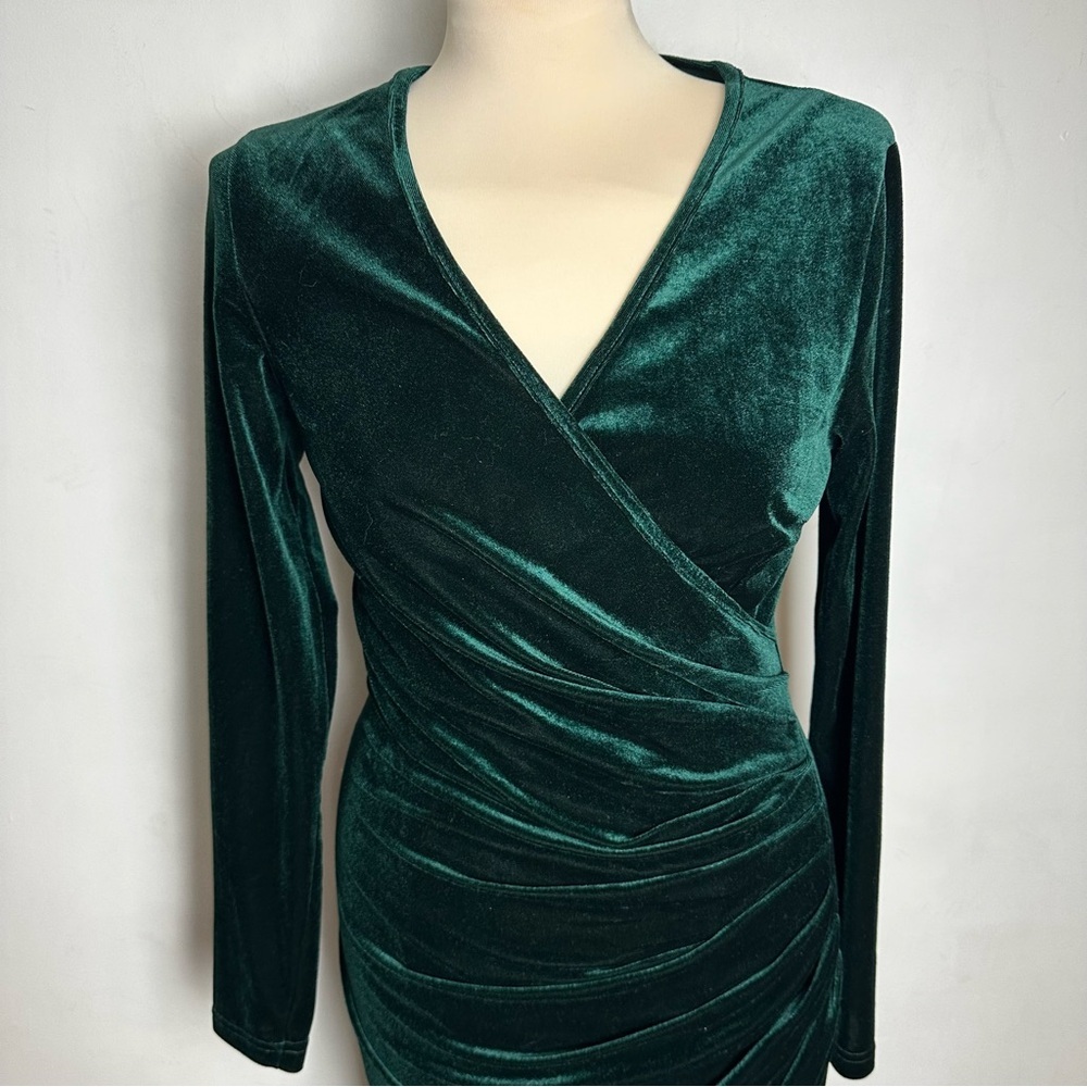 Velvet Wrap Dress Women's Med V Neck Ruched Bodycon Maxi Emerald Green DIRASS - Picture 2 of 12